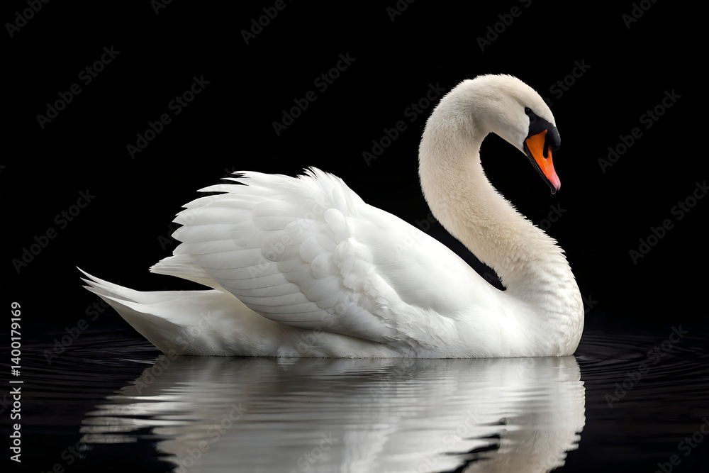 Fototapeta premium Elegant Mute Swan Floating Gracefully On Water Against Black Backdrop Capturing Serenity And Beauty In Nature, mute swan, swan, bird, water, black background, elegant, graceful, serene, beauty, nature
