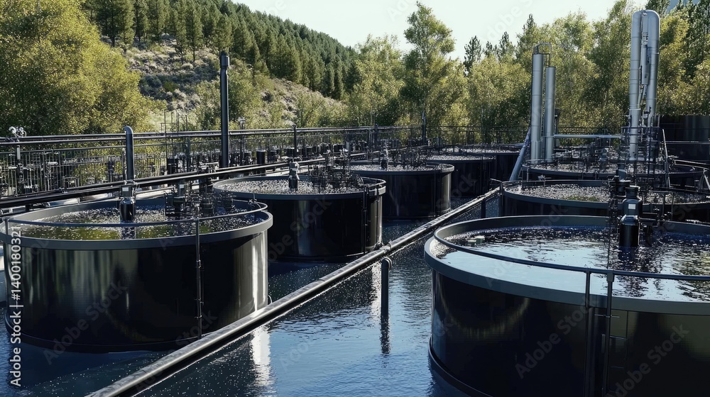 Fototapeta premium Industrial chemical waste treatment plant with filtration systems in use