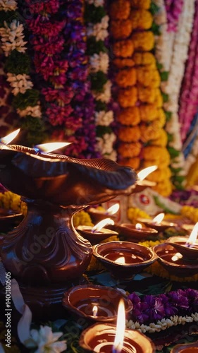 Navratri Shrine decorated with vibrant flowers, oil lamps, and goddess idol for festive rituals