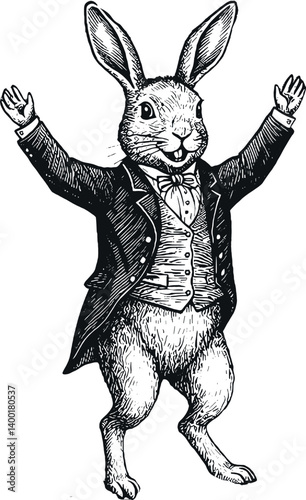 rabbit wearing a jacket and dancing playfully, drawn in an engraved, woodcut style with fine details sketch engraving generative ai 