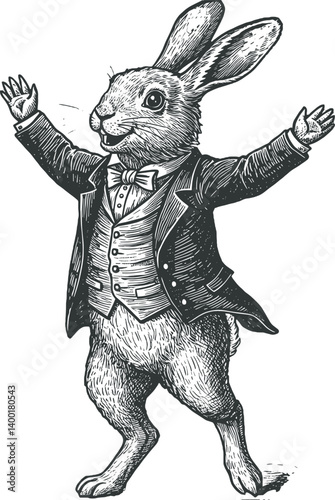 rabbit wearing a jacket and dancing playfully, drawn in an engraved, woodcut style with fine details sketch engraving generative ai 