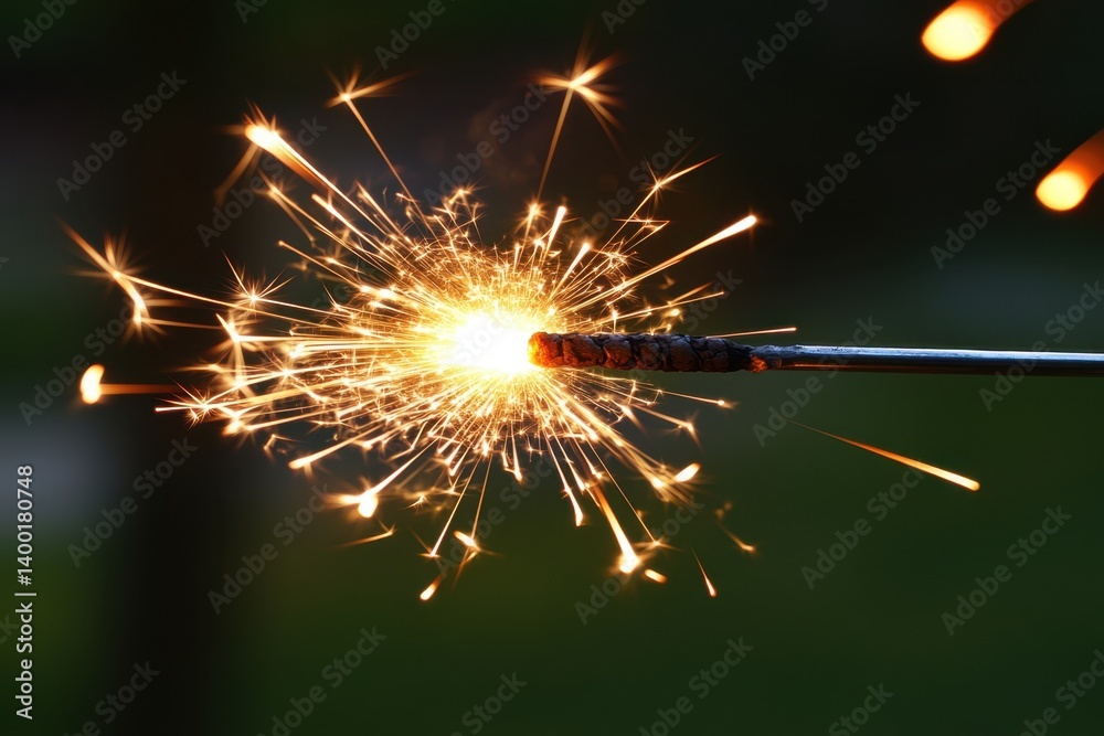 Obraz premium Festive sparkler emitting bright sparks against a blurred green background creating a celebratory mood for holiday events and summer nights