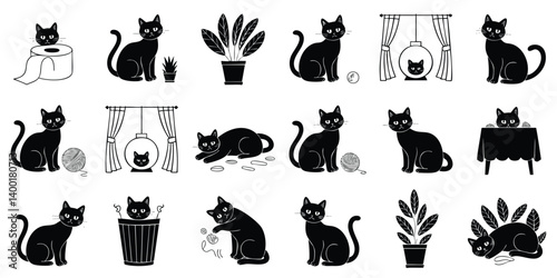 A set of black and white silhouette illustrations of cats engaging in various domestic activities