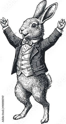 rabbit wearing a jacket and dancing playfully, drawn in an engraved, woodcut style with fine details sketch engraving generative ai 