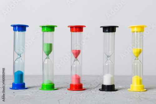 hourglass on the table, sand clock as time passing concept for business deadline, copy space