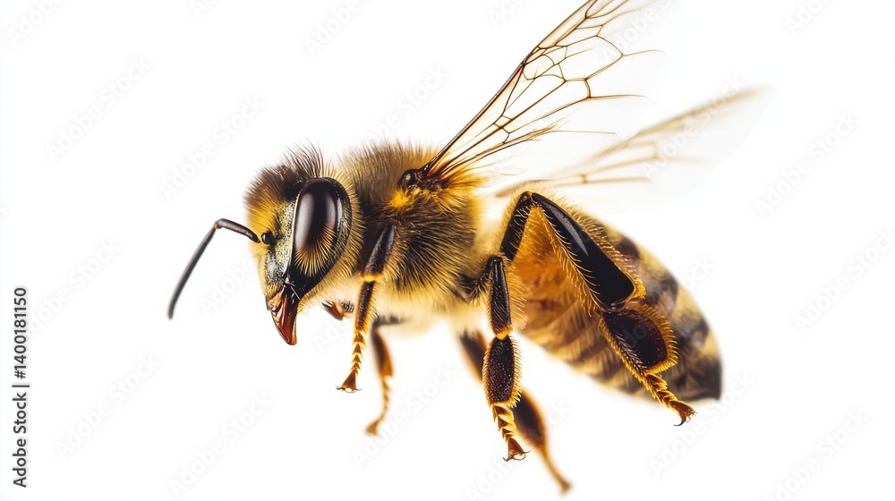A realistic illustration of a bee, showcasing its detailed features including wings and fuzzy body. A realistic illustration of a bee, showcasing its detailed features including wings and fuzzy body.