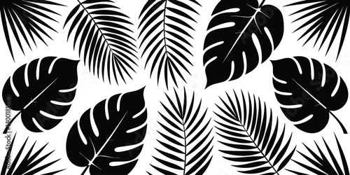 A seamless pattern featuring black silhouettes of various tropical leaves, including palm leaves and monstera leaves, on a white background