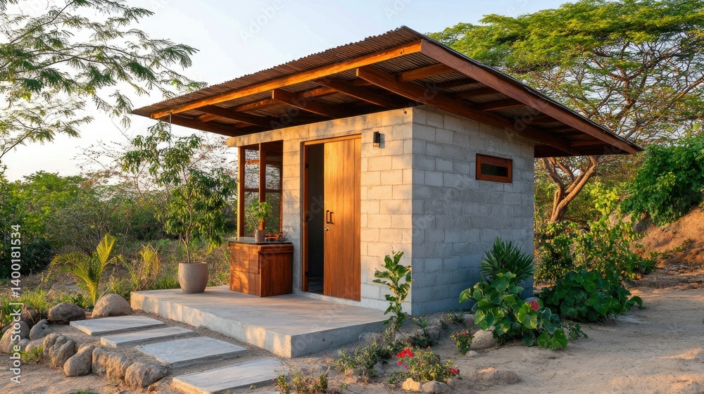 Fototapeta premium Modern Minimalist Cabin in Natural Landscape Surrounded by Greenery and Rocky Pathway
