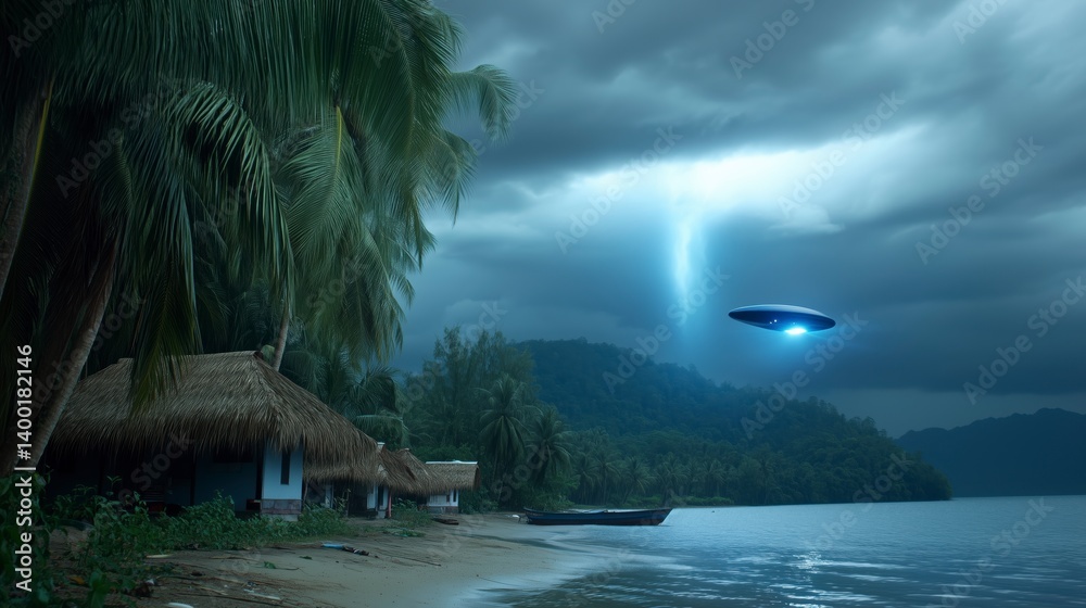 A blue UFO is flying over a beach