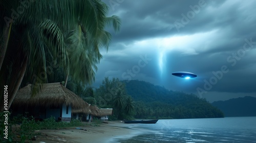 Obraz na płótnie A blue UFO is flying over a beach w salonie