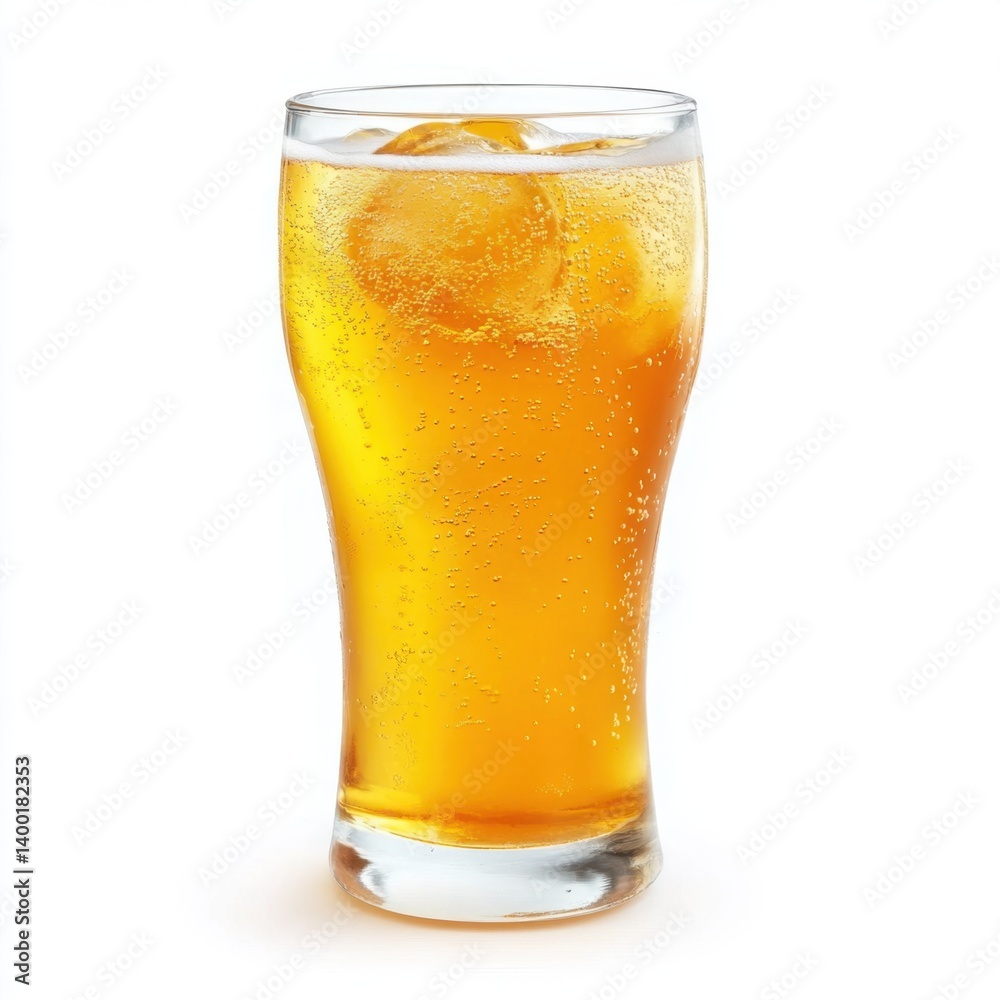 Refreshing amber beverage with ice cubes in a tall glass against a clean white background offering a crisp and inviting visual Refreshing amber beverage with ice cubes in a tall glass against a clean white background offering a crisp and inviting visual