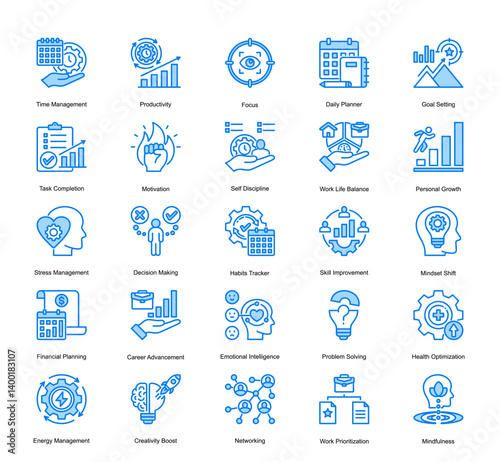 A comprehensive icon pack tailored to enhance your designs related to self-improvement, organization, and focus-driven work.