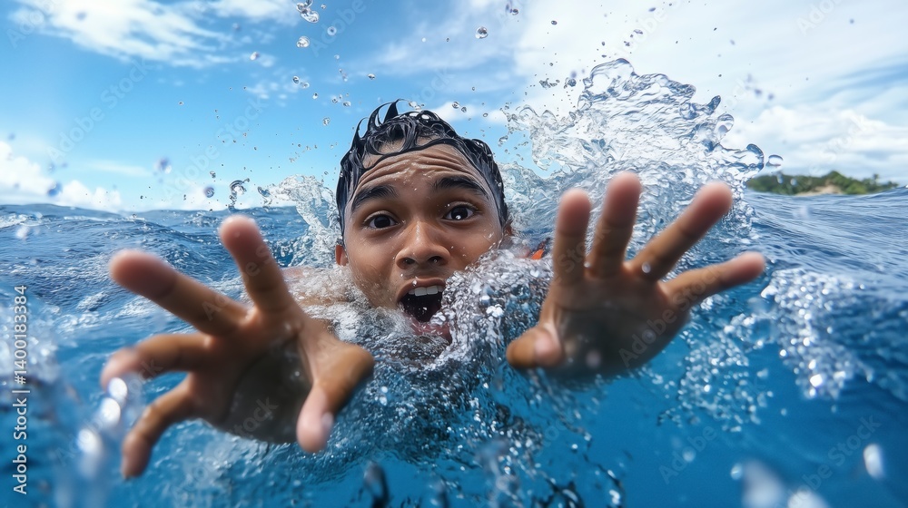 A man is swimming in the ocean and his hands are outstretched
