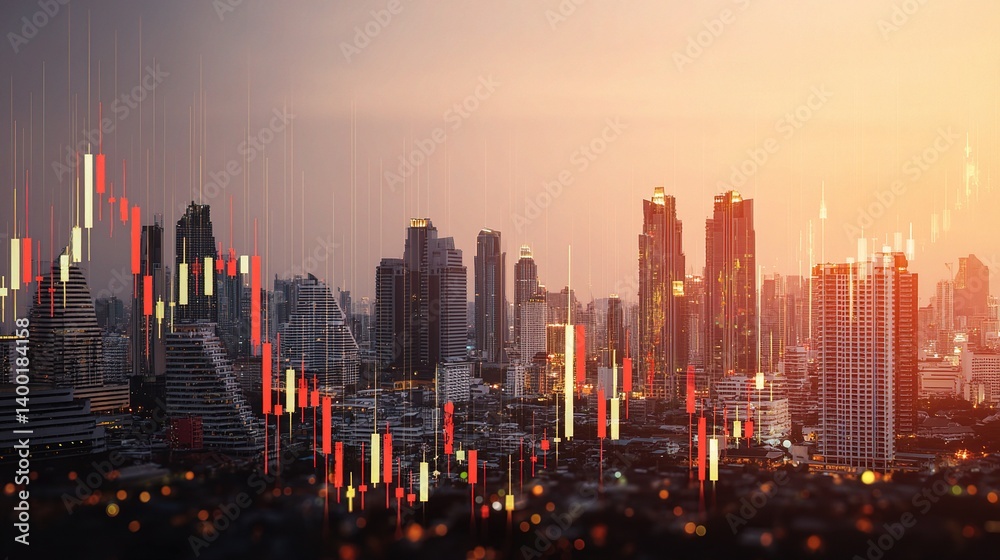 Obraz premium Bangkok Skyline with Stock Candlestick Overlay at Sunset