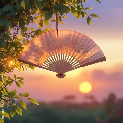 A traditional Thai paper fan with intricate designs,  Glowing shell in the rays of the sunset 
