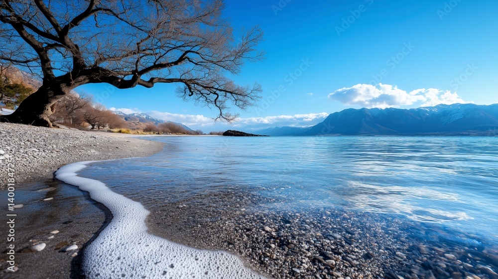 A tree is in the foreground of a body of water