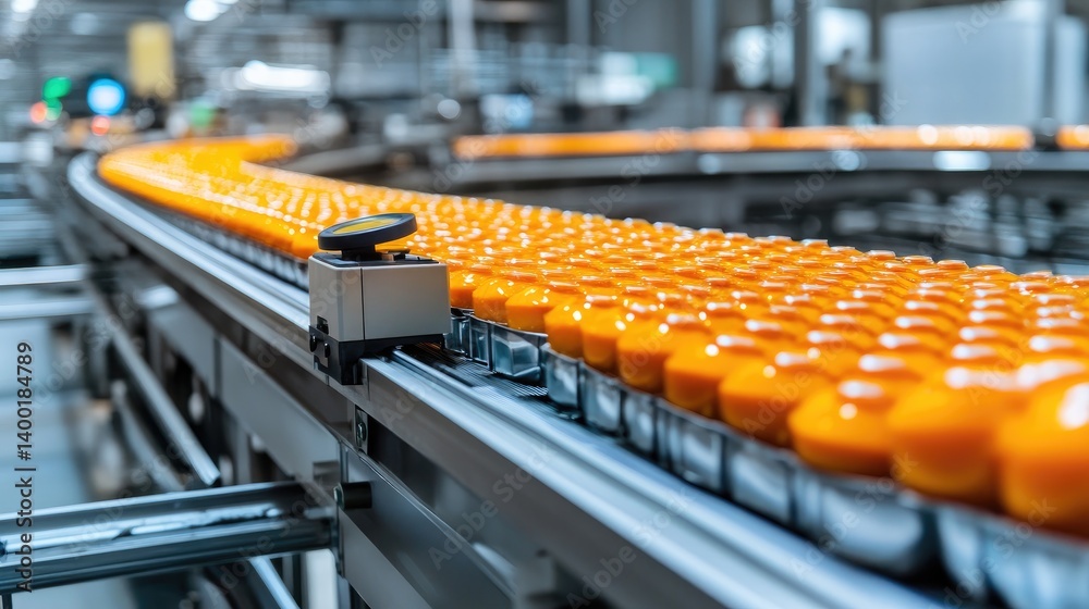 Fototapeta premium Metal detectors inspecting packaged food on a conveyor belt for safety
