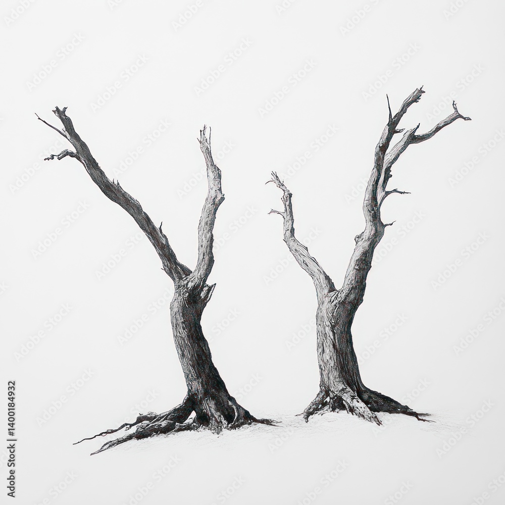 Fototapeta premium Two detailed drawings of leafless trees against a white background