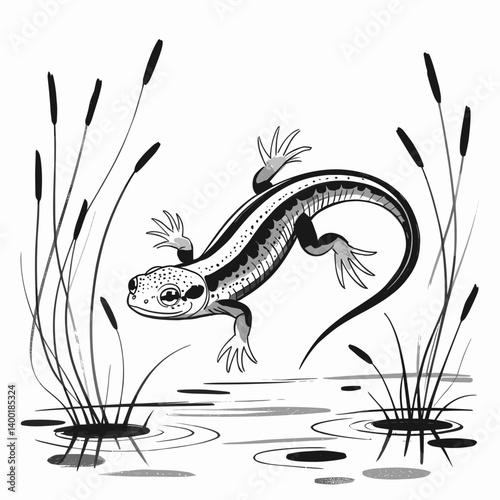 Elegant Ink Illustration of a Newt by a Pond