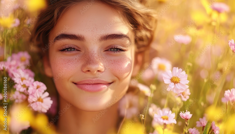 Happy woman with freckles smiles amidst vibrant flowers in a sunny field. Happy woman with freckles smiles amidst vibrant flowers in a sunny field.