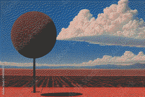 Abstract landscape with a textured tree and stylized clouds in a minimalist style