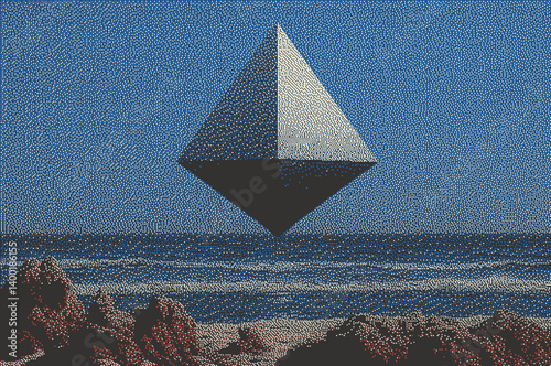 Futuristic geometric pyramid hovering above a serene ocean landscape