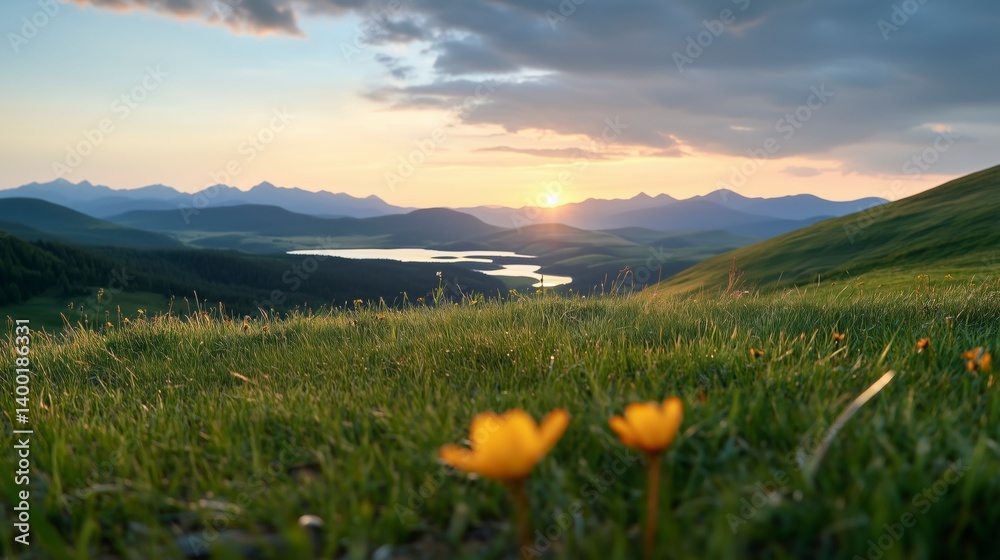 A field of grass with two yellow flowers in the foreground