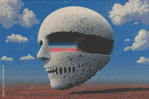 Surreal skull silhouette against a blue sky with clouds and abstract colors