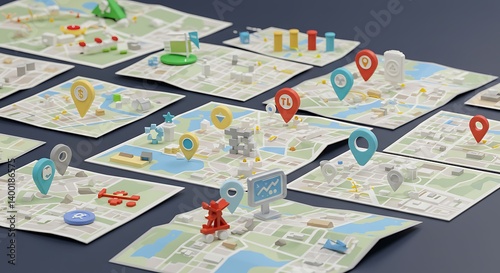 Whimsical 3D Render: Colorful Location Markers on Detailed Paper Maps, Immersive Spatial Depth AI Generated