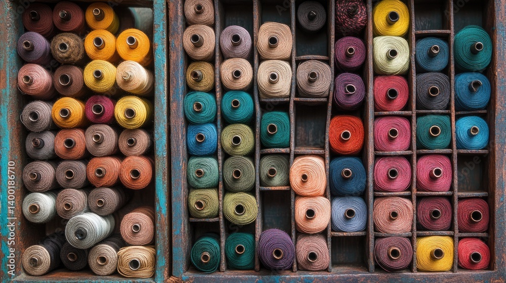 Fototapeta premium Neatly wound bobbins in various thread colors arranged in trays