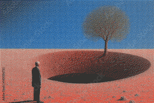 Surreal landscape featuring a solitary figure and a tree growing from a void