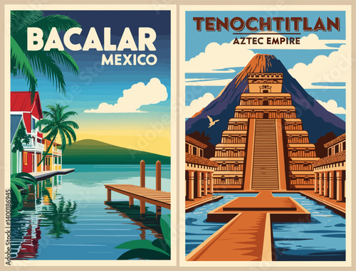 Set of Mexico travel destination posters in retro style. Vector art colorful illustrations