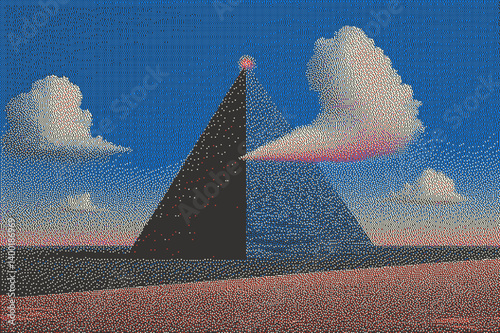 Geometric pyramid against a blue sky with clouds, utilizing pointillist technique