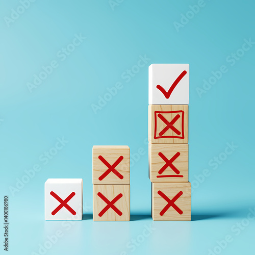 Wooden Blocks with Red Checkmarks and Crosses – Symbolizing Success and Failure in Decision Making