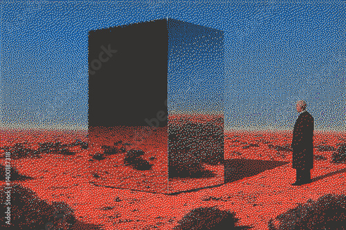 Reflective monolith in desert landscape with lone figure, surreal art style