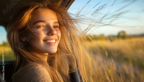 Happy woman with long hair gazing out of a car window, enjoying the moment.