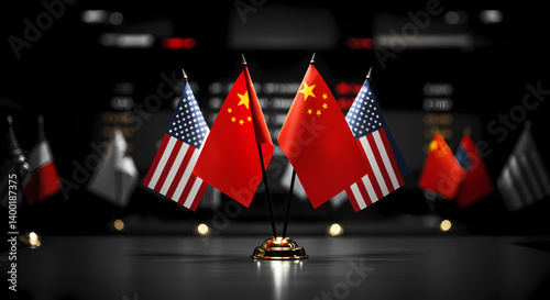 USA and China Flags in Diplomatic Meeting – Geopolitical Tension and International Relations Symbolism