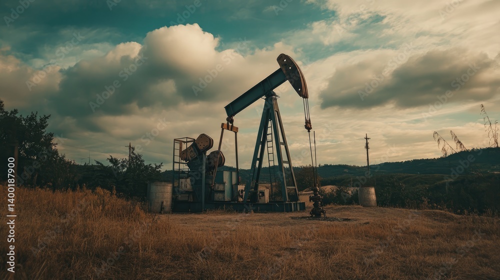 Oil well drilling operations with machinery and metal pipes on an open land site Oil well drilling operations with machinery and metal pipes on an open land site