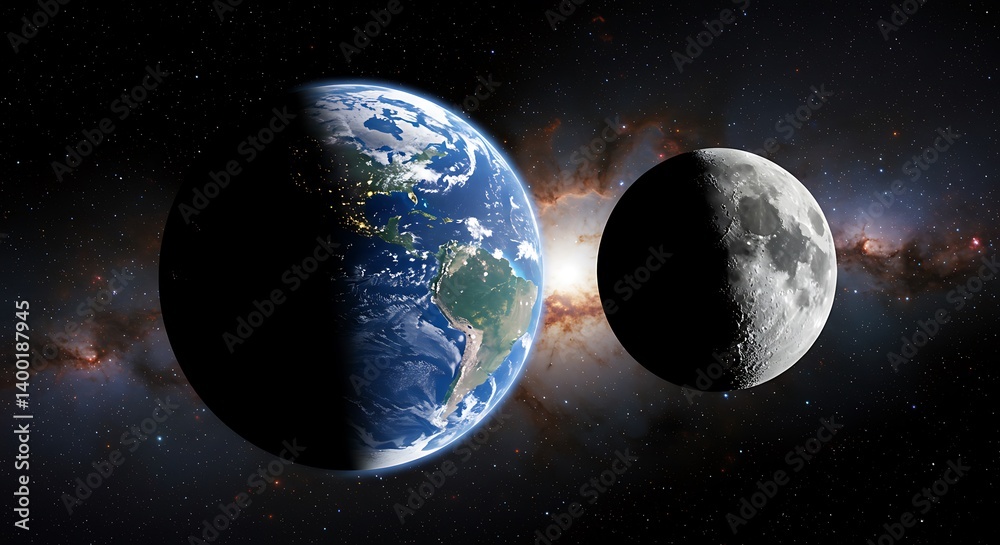 Naklejka premium Celestial Dance: Earth and Moon in Cosmic Embrace AI Generated