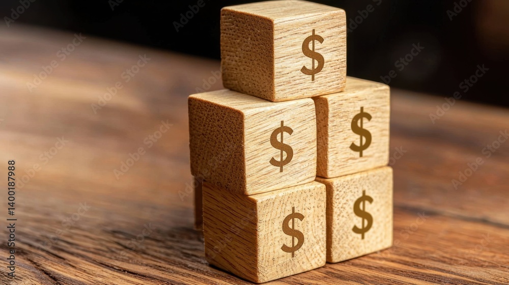 Obraz premium A financial management metaphor using stacked wooden blocks with dollar marks.