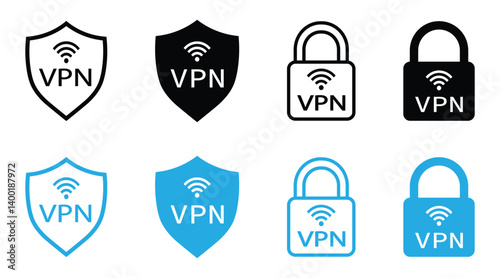 vpn icon. protection of private network sign. lock with vpn and shield with vpn icon. safe for wifi and server. web protection, authentication sign. vpn icon for app, ui, logo, banner, web. vector