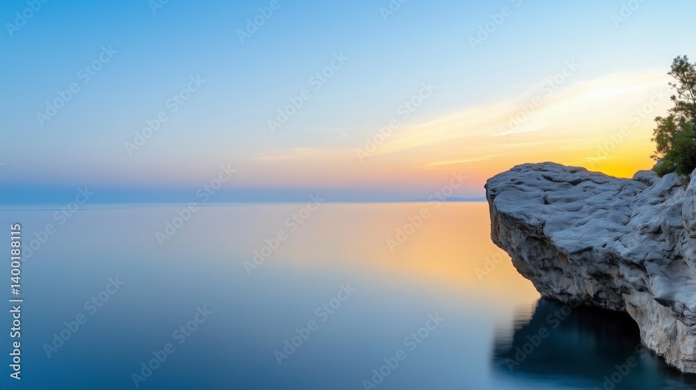 A rocky cliff overlooks a calm body of water