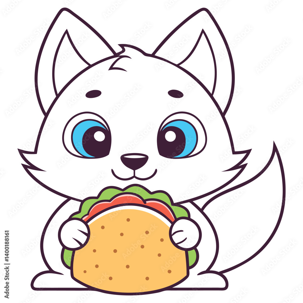 Cartoonish White Kitten Holding Taco with Big Blue Eyes on White Background Cartoonish White Kitten Holding Taco with Big Blue Eyes on White Background