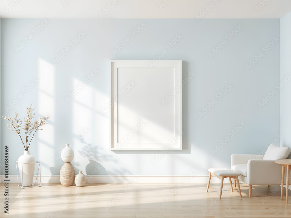 Vertical frame mockup in cozy minimalist living room with natural lighting and neutral colors. Generative AI