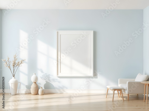 Obraz na płótnie Vertical frame mockup in cozy minimalist living room with natural lighting and neutral colors. Generative AI w salonie