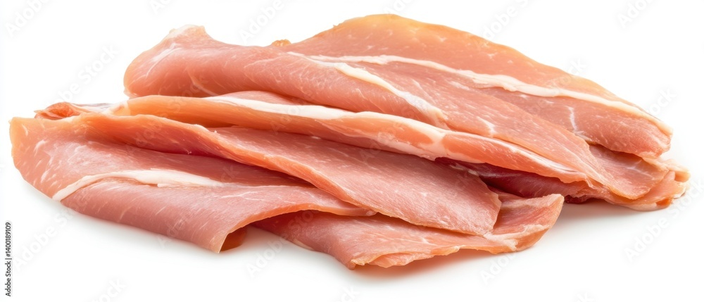 Delicate Prosciutto Slices Displayed on White Backdrop Offering Culinary Inspiration for Gourmet Delights and Appetizing Creations