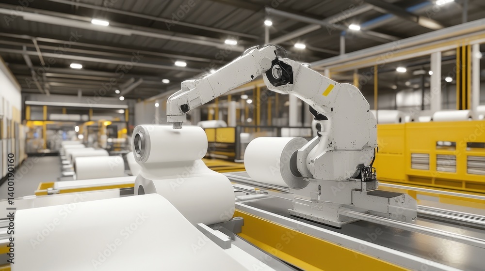 Robotic arm handling fabric rolls in a textile automation setup Robotic arm handling fabric rolls in a textile automation setup