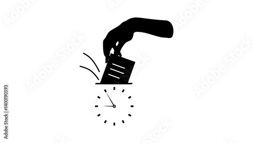 Hand putting card in time clock, black  isolated silhouette