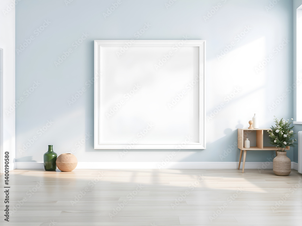Horizontal frame mockup in elegant living room, ideal for showcasing artwork or design presentations. Generative AI