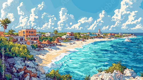 Colorful tropical beach town with turquoise waves, sandy shore, palm trees, and vibrant buildings under a bright sky with dramatic clouds